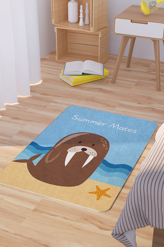 矢量手绘卡通可爱海豹脚垫地毯图案-众图网