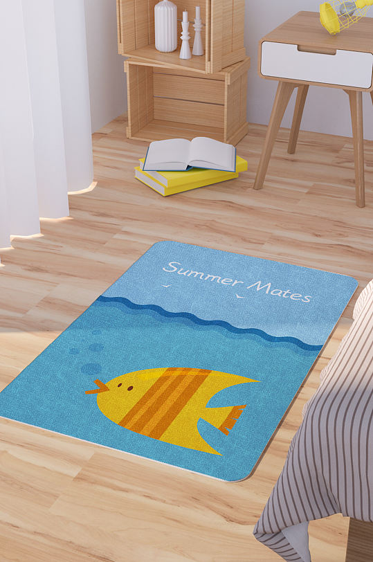 矢量手绘卡通可爱热带鱼脚垫地毯图案-众图网