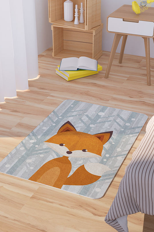 矢量手绘卡通可爱狐狸脚垫地毯图案-众图网