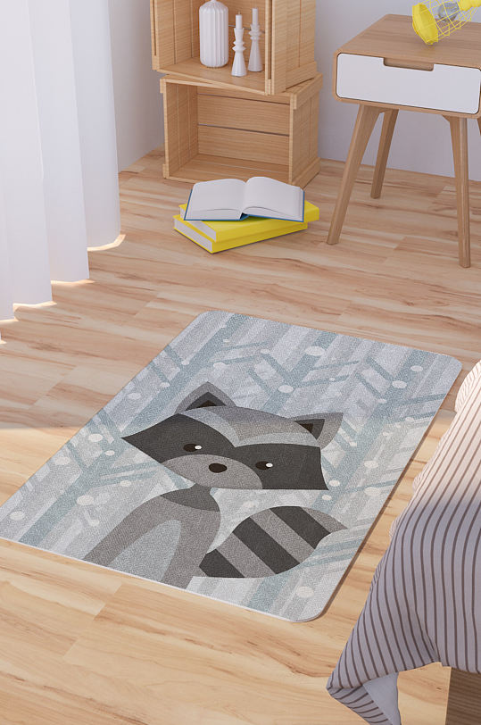 矢量手绘卡通可爱小浣熊脚垫地毯图案-众图网