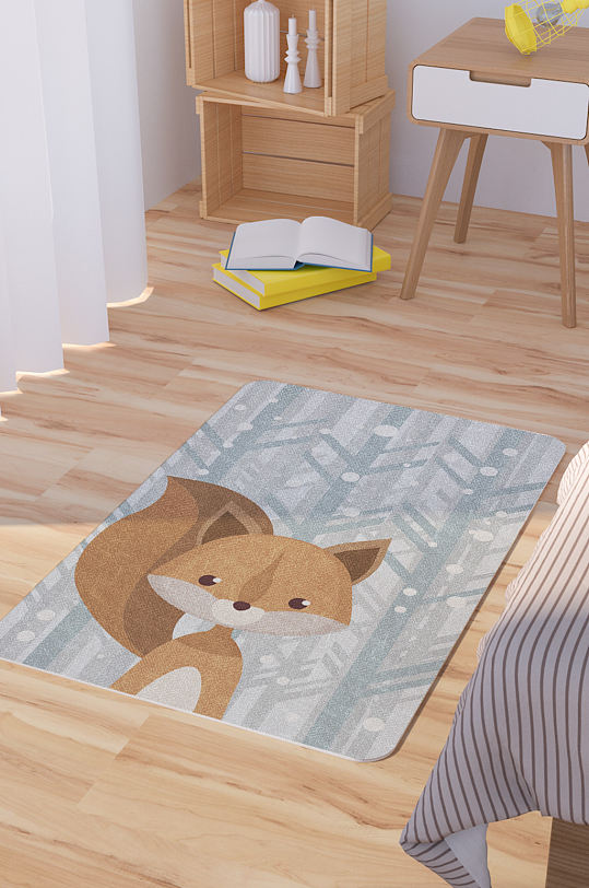 矢量手绘卡通可爱狐狸脚垫地毯图案