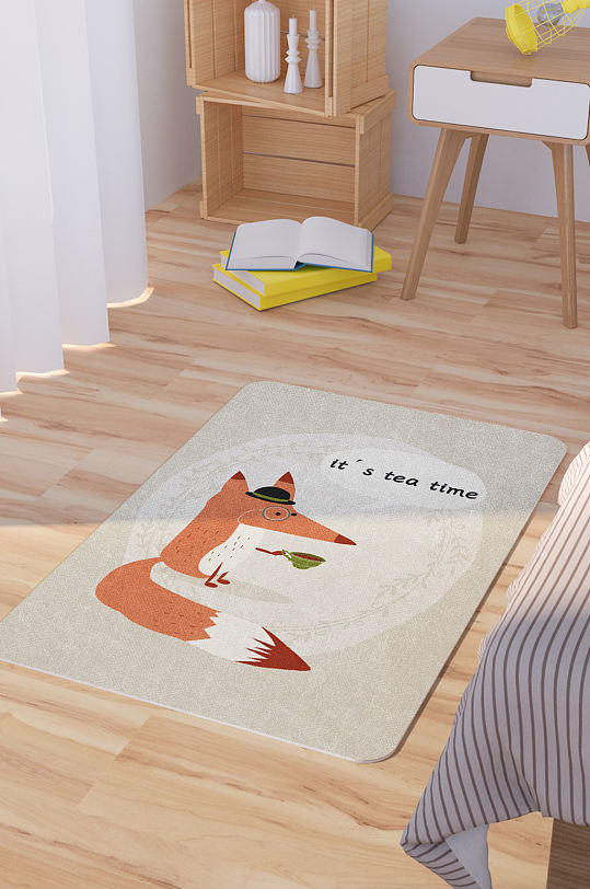 矢量手绘卡通可爱狐狸喝茶脚垫地毯图案