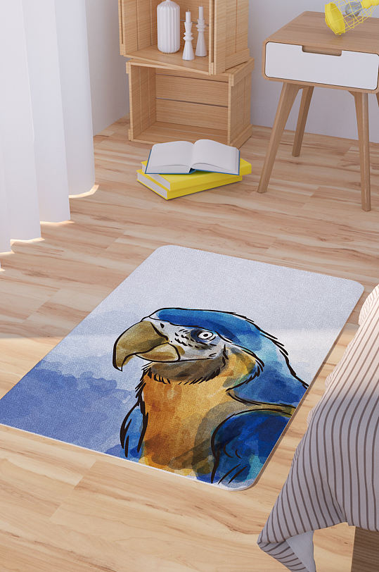 矢量水彩手绘鹦鹉脚垫地毯图案-众图网