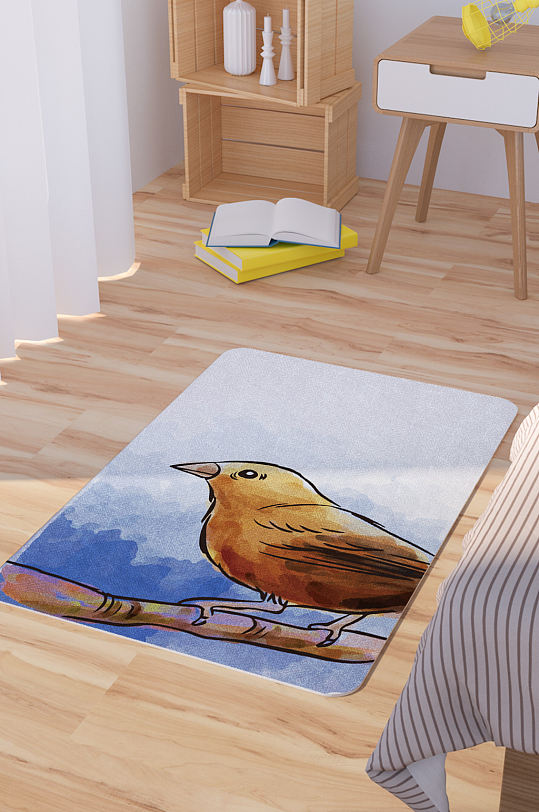 矢量水彩手绘小鸟脚垫地毯图案-众图网