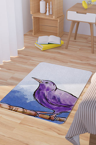 矢量水彩手绘小鸟脚垫地毯图案