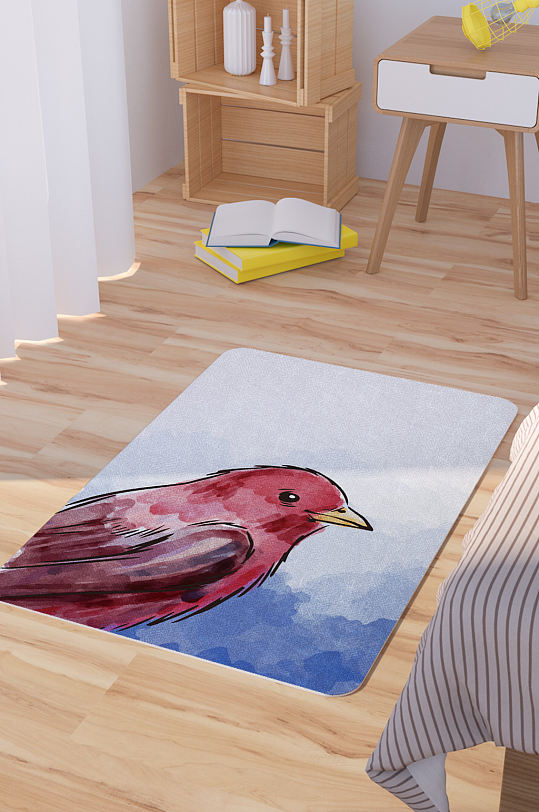 矢量水彩手绘小鸟脚垫地毯图案-众图网