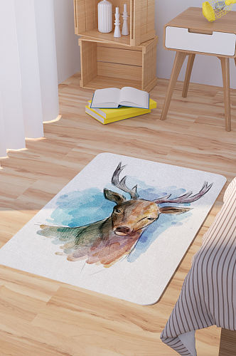 矢量水彩手绘雄鹿脚垫地毯图案