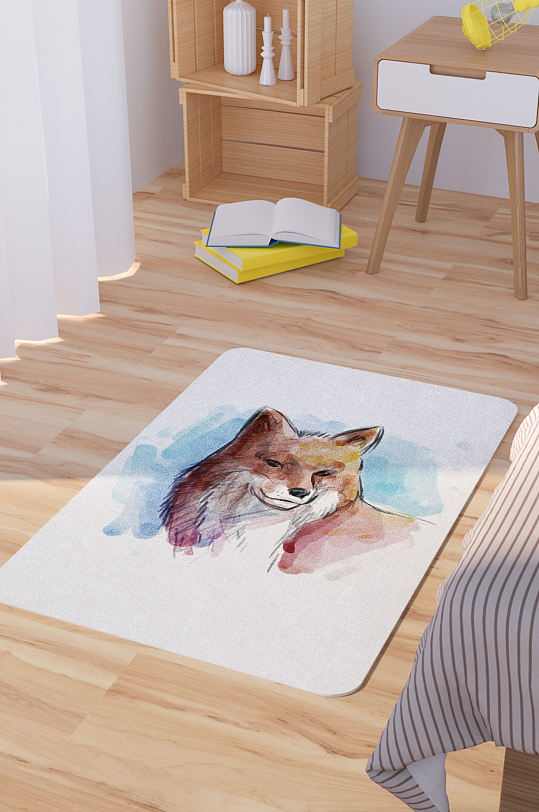 矢量水彩手绘狐狸脚垫地毯图案-众图网