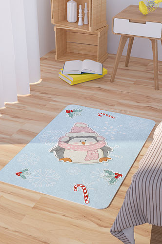 矢量手绘卡通可爱冬季企鹅脚垫地毯图案