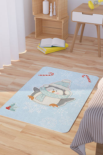 矢量手绘卡通可爱冬季企鹅脚垫地毯图案