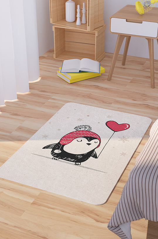 矢量手绘卡通可爱企鹅脚垫地毯图案-众图网