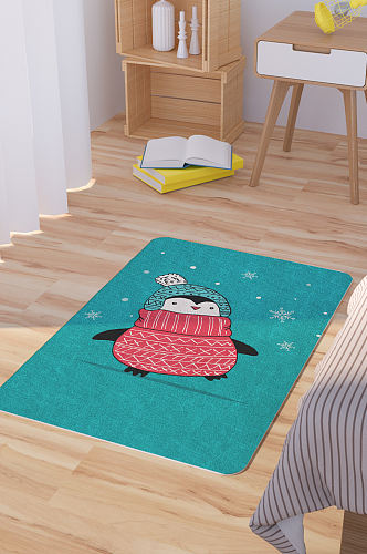矢量手绘卡通可爱企鹅脚垫地毯图案
