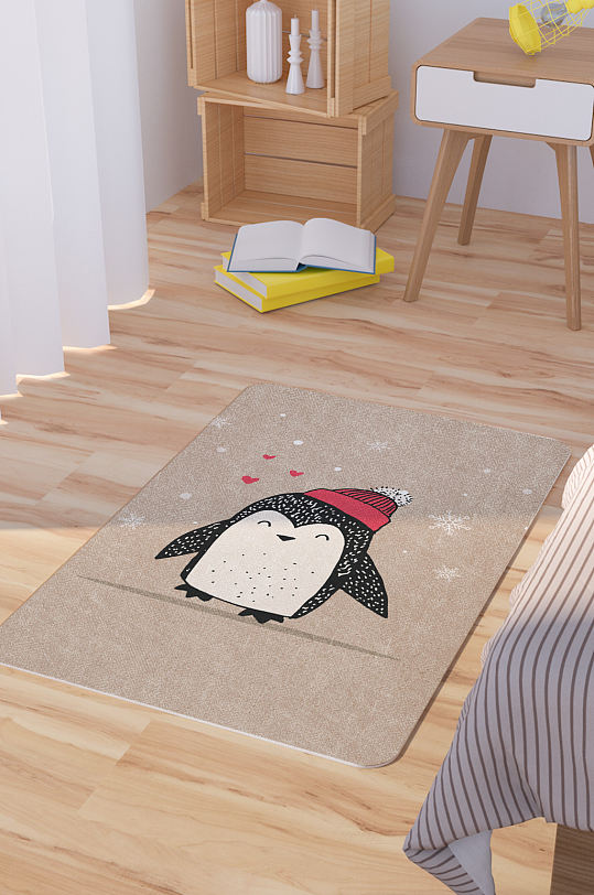 矢量手绘卡通可爱企鹅脚垫地毯图案-众图网