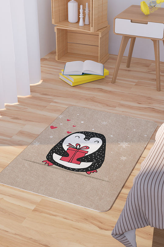 矢量手绘卡通可爱企鹅脚垫地毯图案-众图网