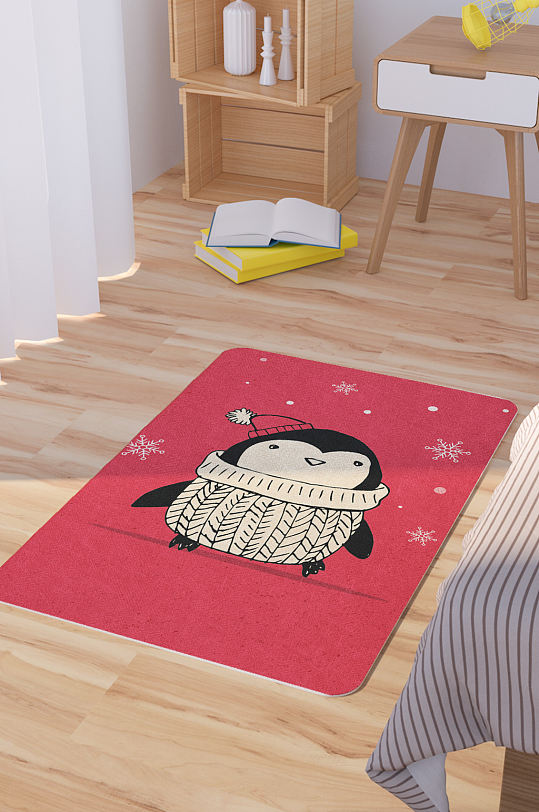 矢量手绘卡通可爱企鹅脚垫地毯图案-众图网