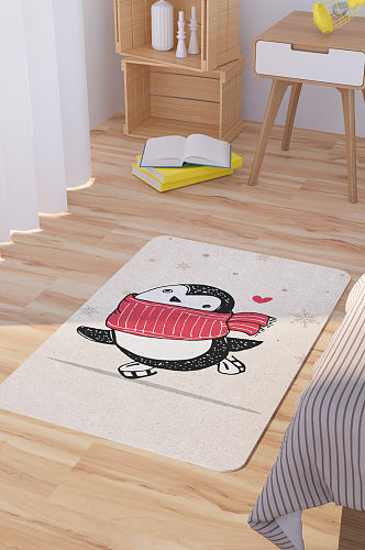 矢量手绘卡通可爱企鹅脚垫地毯图案