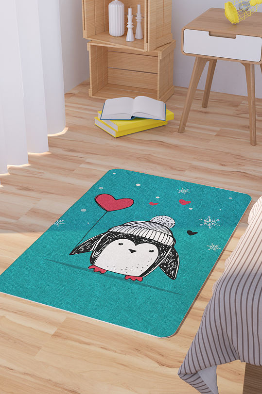 矢量手绘卡通可爱企鹅脚垫地毯图案-众图网