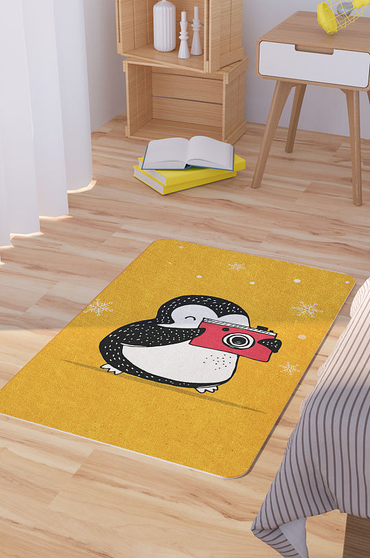 矢量手绘卡通可爱企鹅脚垫地毯图案-众图网