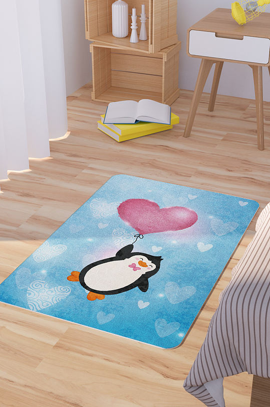 矢量手绘卡通可爱企鹅爱心气球脚垫地毯图案