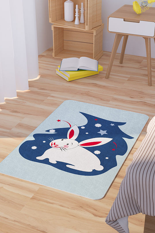 矢量手绘卡通可爱兔子脚垫地毯图案-众图网