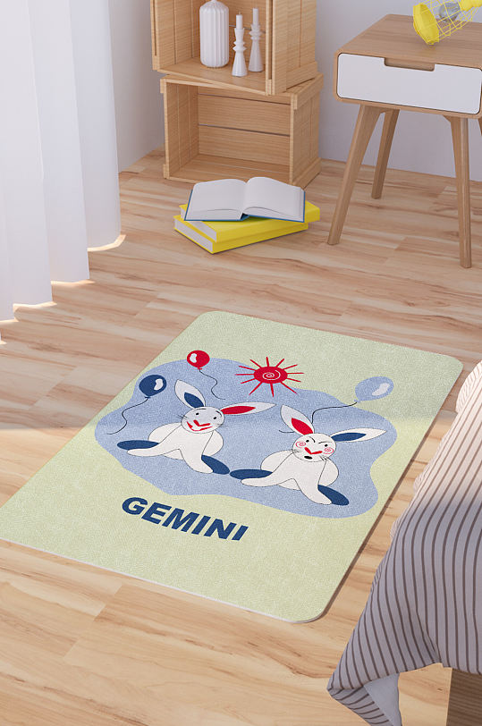 矢量手绘卡通可爱兔子脚垫地毯图案-众图网