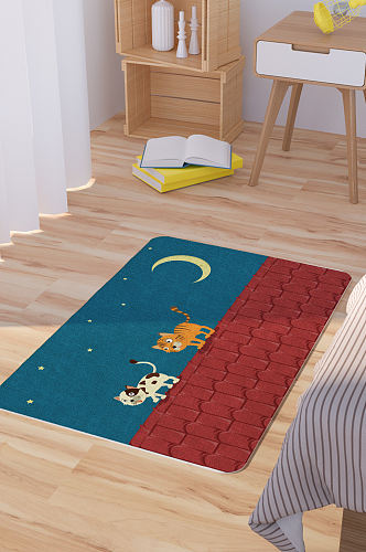 矢量手绘卡通可爱屋顶上的小猫脚垫地毯图案