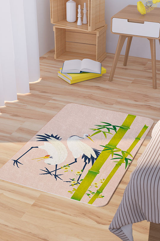 矢量手绘竹子仙鹤脚垫地毯图案