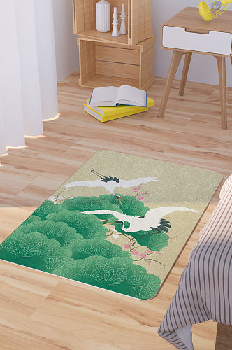 矢量手绘松树仙鹤脚垫地毯图案