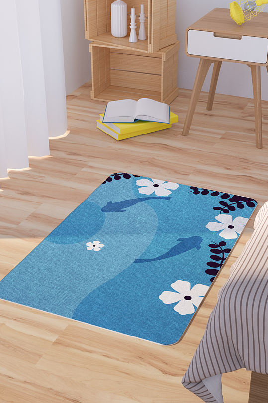 矢量手绘卡通可爱鱼和鲜花脚垫地毯图案-众图网