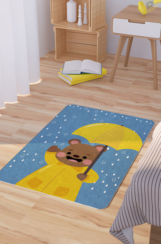 矢量手绘卡通可爱打伞的小熊脚垫地毯图案