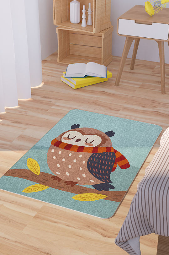 矢量手绘卡通可爱猫头鹰脚垫地毯图案