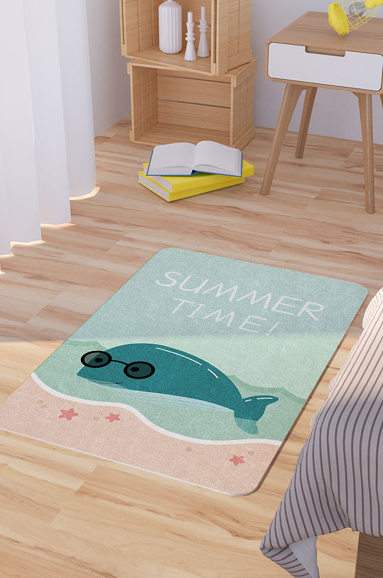 矢量手绘卡通可爱海滩鲸鱼脚垫地毯图案