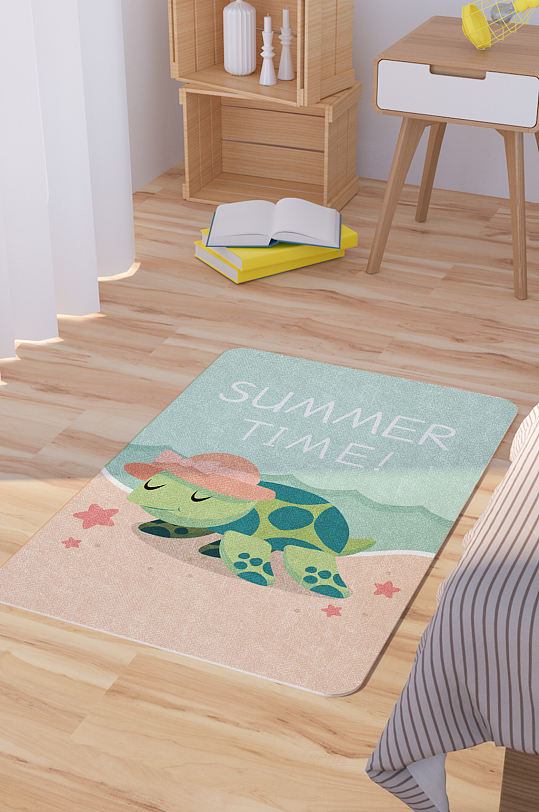 矢量手绘卡通可爱沙滩海龟脚垫地毯图案-众图网