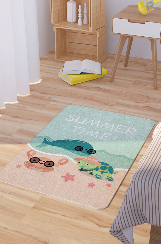 矢量手绘卡通可爱海滩小动物脚垫地毯图案