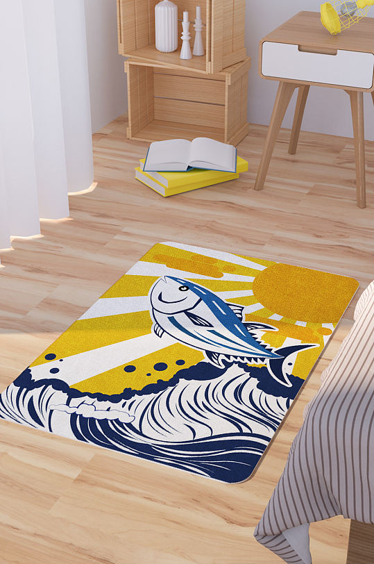 矢量手绘海浪海鱼脚垫地毯图案-众图网