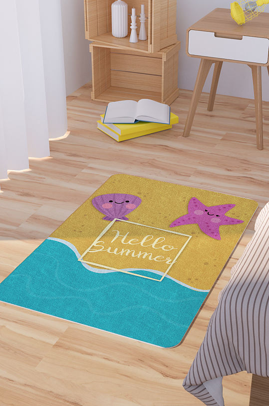 矢量手绘卡通可爱海滩贝壳海星脚垫地毯图案