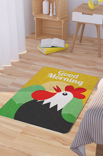 矢量手绘卡通可爱公鸡打鸣脚垫地毯图案