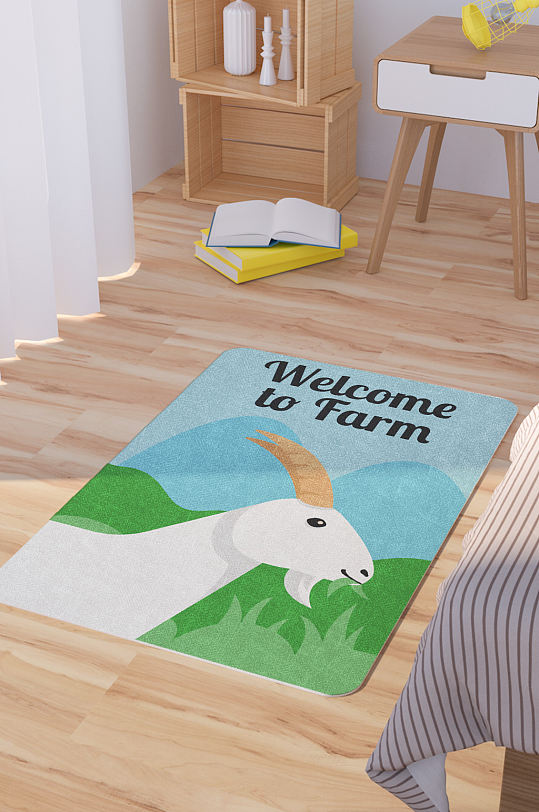 矢量手绘卡通可爱山羊脚垫地毯图案-众图网