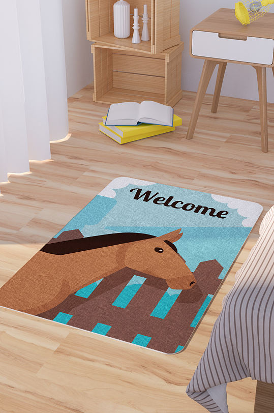 矢量手绘卡通骏马可爱脚垫地毯图案-众图网