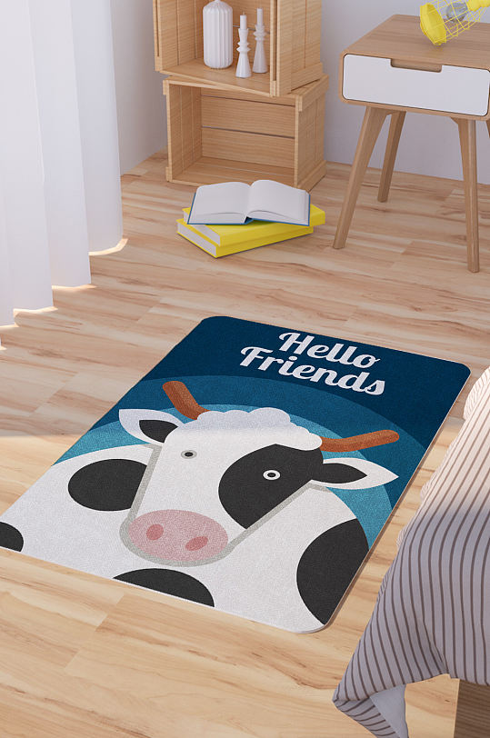 矢量手绘卡通可爱奶牛脚垫地毯图案