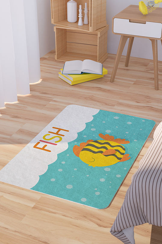 矢量手绘卡通可爱热带鱼脚垫地毯图案-众图网