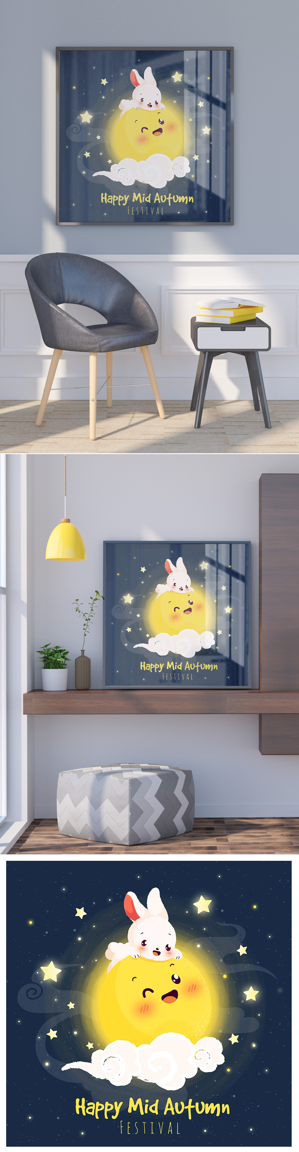 矢量手绘卡通可爱中秋节月兔圆月插画素材