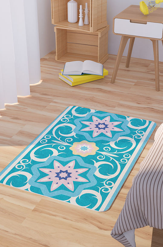 矢量蓝色欧式花纹脚垫地毯图案
