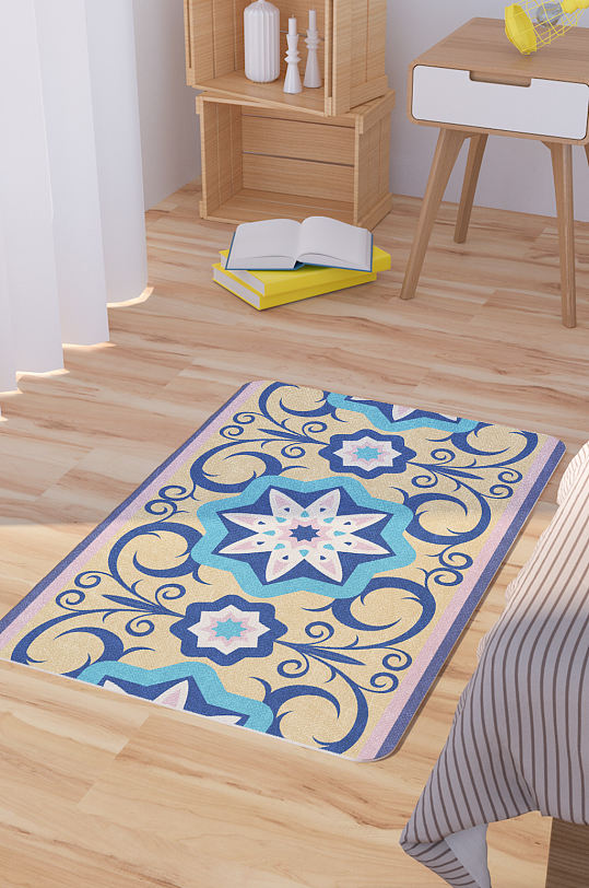矢量蓝色黄色欧式花纹脚垫地毯图案