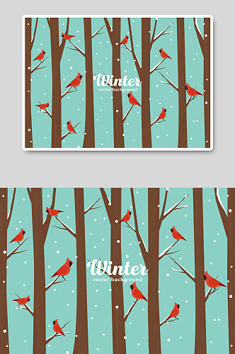 矢量手绘卡通冬季树林小鸟插画