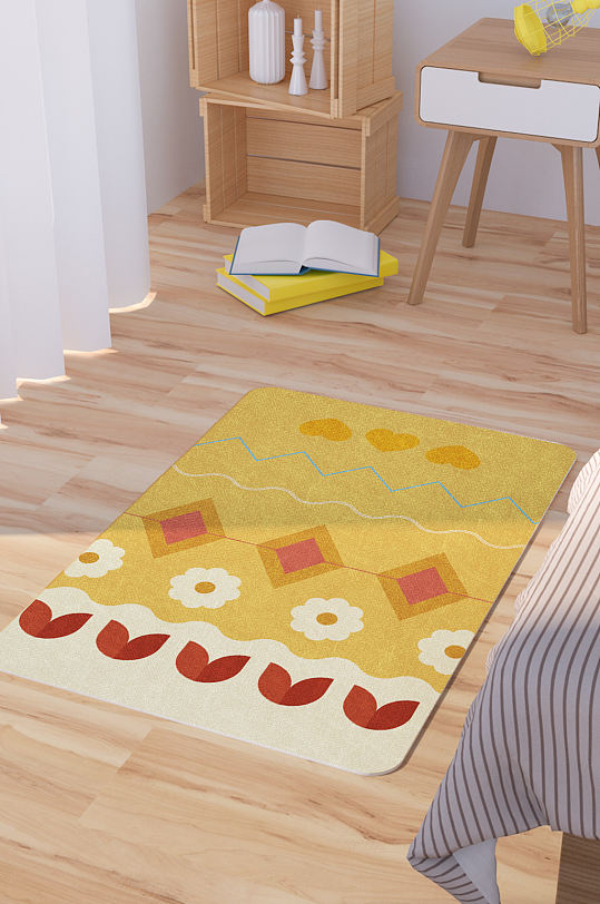 矢量卡通花朵黄色可爱脚垫地毯图案-众图网