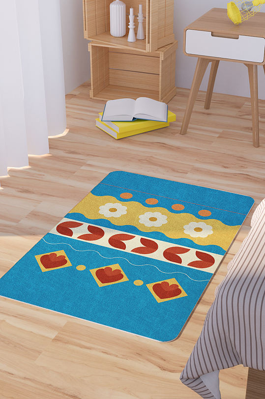 矢量蓝色卡通可爱花朵脚垫地毯图案-众图网