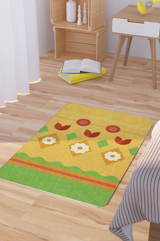 矢量黄色卡通可爱花朵脚垫地毯图案-众图网