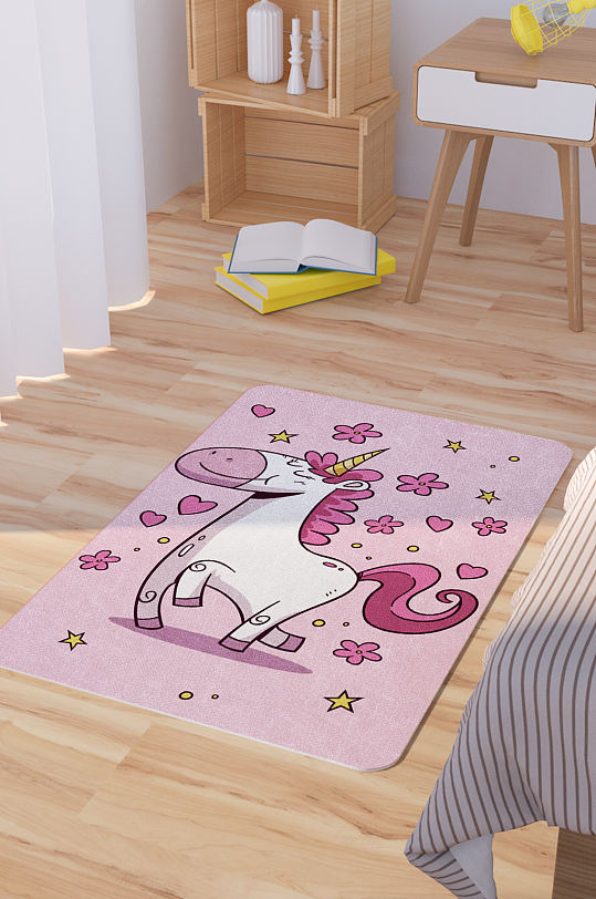 矢量手绘卡通可爱粉色独角兽脚垫地毯图案
