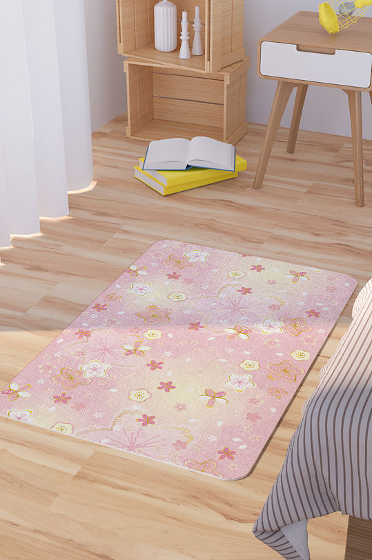 矢量手绘粉色花卉卡通脚垫地毯图案
